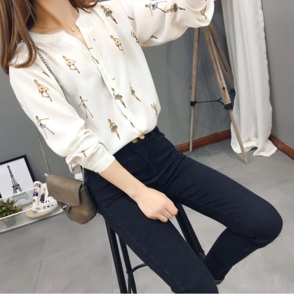 Ballerina print white chiffon blouse - Picture 2 of 5